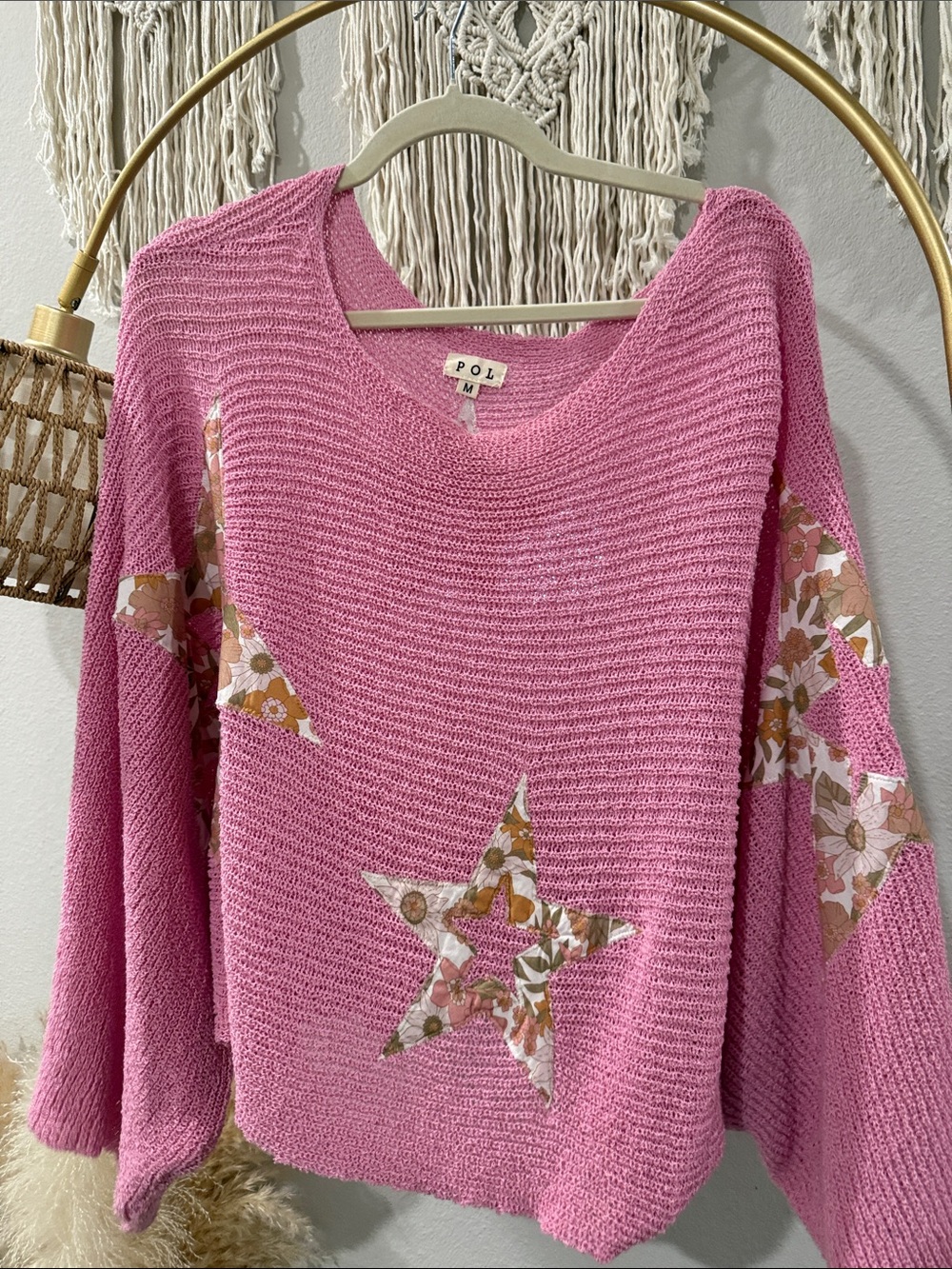 POL Pink Knit V-Neck Sweater with Floral Star Patches